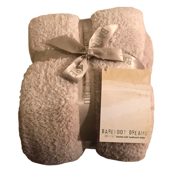 Barefoot Dreams Cozy Blanket with Heathered Stripe Light Tan Beige New NWT - Picture 8 of 9